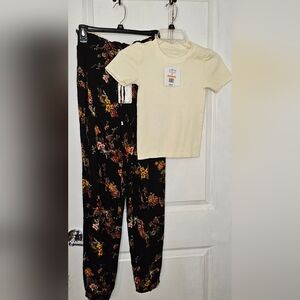 Pink Rose Cream Top with Floral Black Pants Pajama Set (S)